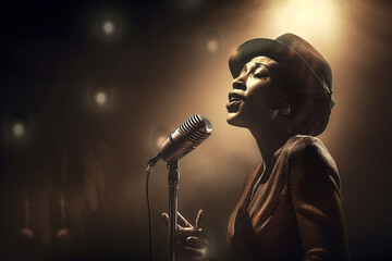 Black woman singing blues in a smoky jazz club. generative AI