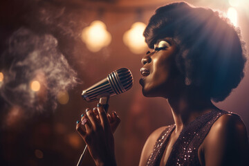 Black woman singing blues in a smoky jazz club. generative AI