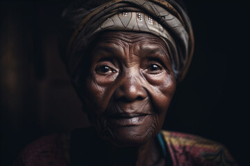 Wise old black woman with tired eyes and wrinkles. generative AI