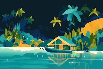 Tropical island colorful illustration representing French Polynesia. generative AI - obrazy, fototapety, plakaty