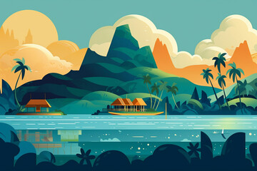 Tropical island colorful illustration representing French Polynesia. generative AI