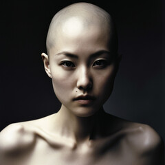 Strong Japanese bald woman with shaved head. generative AI