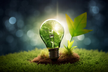 green lightbulb with plant inside representing sustainable and renewable, environmentally friendly energy. generative AI