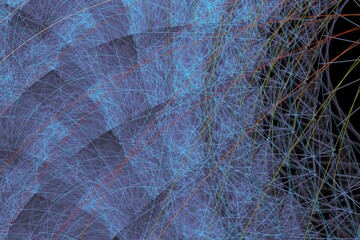 Blue mesh pattern of curved lines on a black background. Abstract fractal 3D rendering