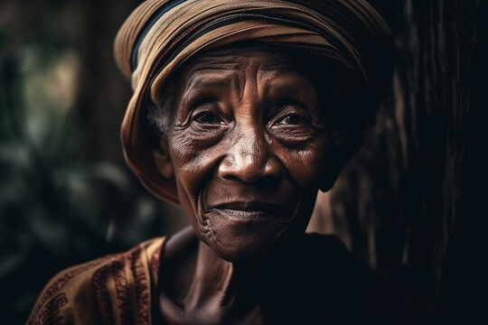 Wise old black woman with tired eyes and wrinkles. generative AI