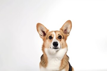 Looking towards the camera is a Pembroke Welsh Corgi dog. isolated against a white backdrop. Generative AI