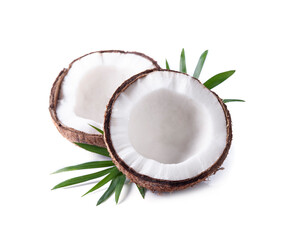Coconut slick with leaves on white backgrounds