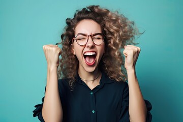 Portrait of a Woman with Fists in the Air Celebrating Success,/Win on a Blue Background (Generative Ai)