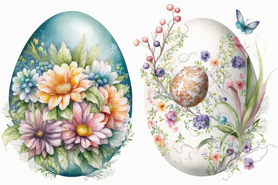 Beautiful colorful Easter eggs with floral pattern, watercolor, white background. Easter card, generative AI