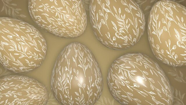 Easter golden eggs with painted patterns. Animated holiday spring background. Christian religious holiday of Easter.
