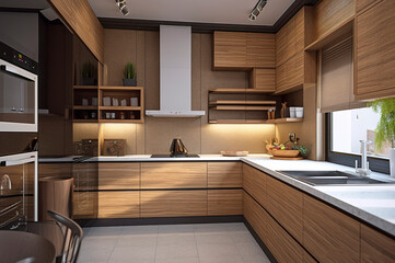 Generative AI illustration of Modern design kitchen furnished in various colors with all appliances and natural light