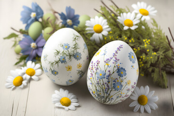 Fototapeta premium Painted Easter eggs with spring flowers on a white wooden table, Generative AI 3