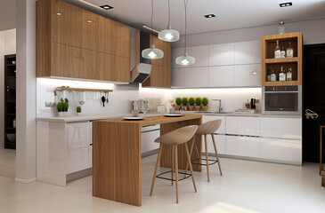 Generative AI illustration of Modern design kitchen furnished in various colors with all appliances and natural light