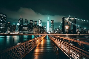 Brooklyn Bridge in New York City at Night: City Skyline in the Background, Generative AI