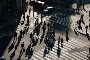 Birds eye view of people crossing a street at sunset from above. Digitally generated AI image