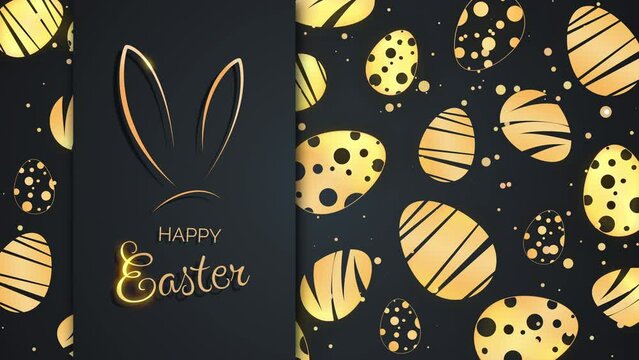 Bunny ears and festive greeting card with inscription Happy Easter on black background. Golden Easter eggs with patterns. Looped animation.