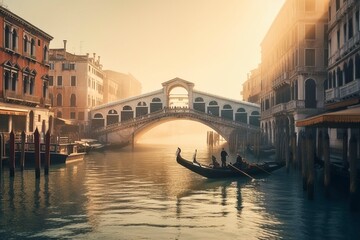 Fototapeta na wymiar The Rialto Bridge in Venice at Dawn: Grand Canal Mist and Iconic Architecture, Generative AI