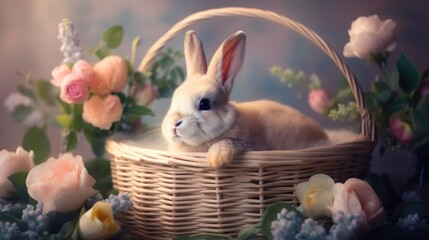 Floral Easter: A Bunny in a Basket Photo Series featuring a bunny rabbit in a basket surrounded by pastel colored flowers.