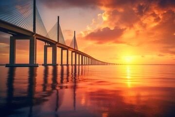 Plakat Sunshine Skyway Bridge at Sunset: Cable-Stayed Design Against Colorful Sky, Generative AI