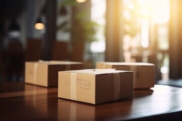 Closeup Delivery Box and Parcel on Table for Online Shopping and Commerce