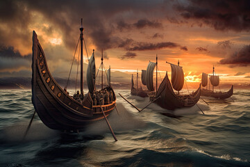 Viking ships on sunset. Wooden boats of the Vikings setting out to conquer. generative ai. - obrazy, fototapety, plakaty