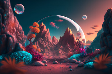 imaginary surreal world with lots of magic and vivid colors, with magical and spectacular creatures, AI generated, Digital Art.