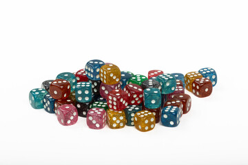 Colorful Dice Pile on White Background - Perfect for Board Games and Casino Nights