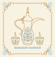 Ramadan ornate greeting card with coffee pot (dallah) and traditional floral Arabic pattern (arabesque). Template for Iftar invitation. Text translation: Generous Ramadan. Vector illustration.