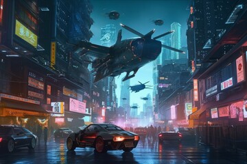 Futuristic City Concept: Flying Cars Over a Bustling Nighttime Metropolis, Generative AI