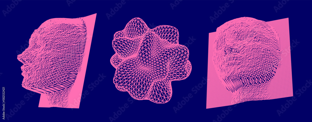 Poster 3d face made of a polygonal mesh. conceptual illustration of face recognition systems.