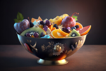 Fruit salad in a patterned bowl. AI generative.