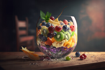 Fruit salad in a glass bowl. AI generative.