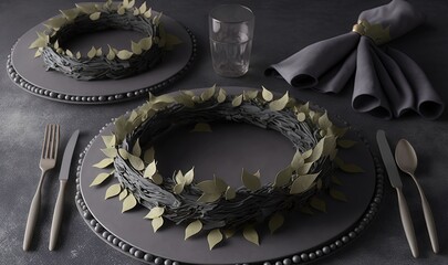  a table set with a wreath of leaves and a napkin and fork and a glass of water and napkins and a napkin napkin holder.  generative ai