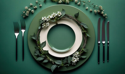  a green plate with a wreath of flowers and leaves on it next to a fork, knife, and knife rest on a green surface.  generative ai