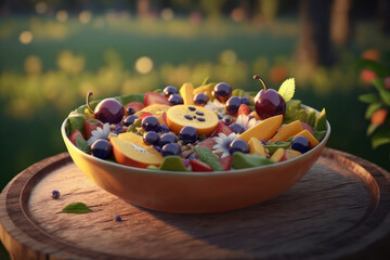 Fruit salad in nature. AI generative.