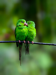 Two Plain Parakeets portrait on green background