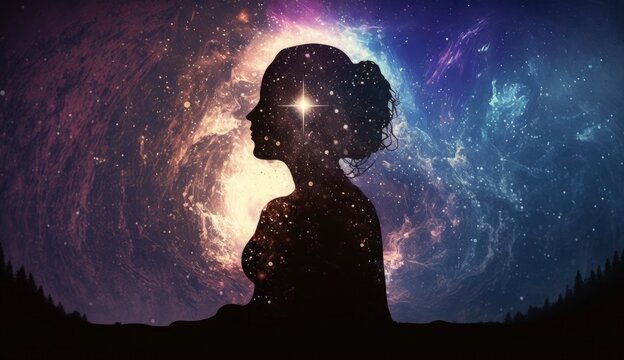 Woman silhouette meditating on cosmic background. Spiritual awakening and meditation concept. Astral body afterlife. Created with Generative AI