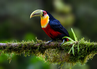 Red-breasted Toucan portrait on  mossy stick on rainy day against dark background