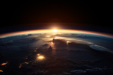 Fototapeta na wymiar Sunset over planet Earth seen from space. Digitally generated AI image