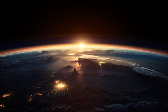 Sunset over planet Earth seen from space. Digitally generated AI image