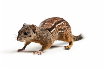Northern Treeshrew, also known as Tapaia Belangeri, moving sideways at maximum speed. turning your back to the camera. on a white background, alone. Generative AI