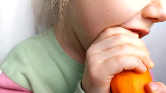 A little girl gnaws on carrots. The concept of healthy eating. Healthy dietary nutrition.
