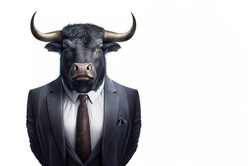 Bull in a suit and white shirt. Banner. Generated AI