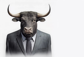 Bull s in a suit and white shirt. Close-up. Portrait of a bull. Banner. Generated AI