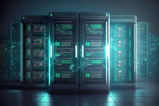 Server room. Supercomputer data center, image generated by artificial intelligence.
