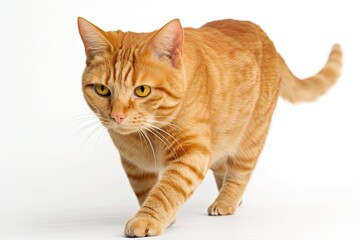 Stunning Domestic Orange striped cat walking in odd, hilarious, and strange positions. portrait of an animal against a white background. Generative AI