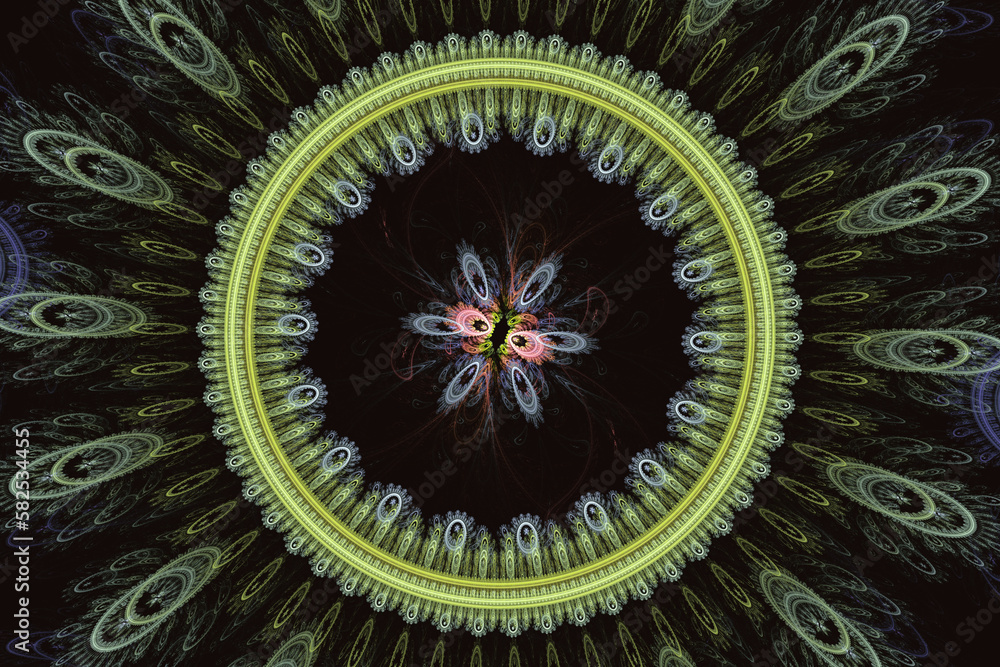 Poster green floral pattern of crooked circles on a black background. abstract fractal 3d rendering