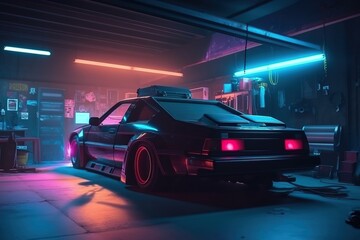 Cyberpunk garage of the future. Futuristic car. Bright shining neon. Cyberpunk Techno wallpaper. Photorealistic Generative AI illustration.