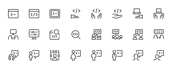 Programming, Developer icon set. Included the icons as code, programmer coding, mobile app, api, node connect, flow, logic, web coder, bug fix and ui