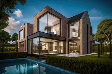 Fototapeta premium Luxury modern villa with swimming pool and garden, generative ai
